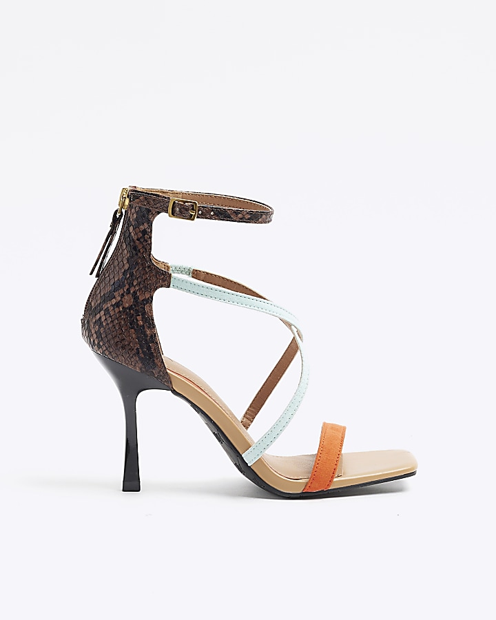 Brown closed back strappy heeled sandals