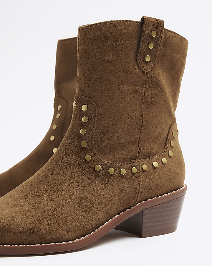 Brown studded western ankle boots