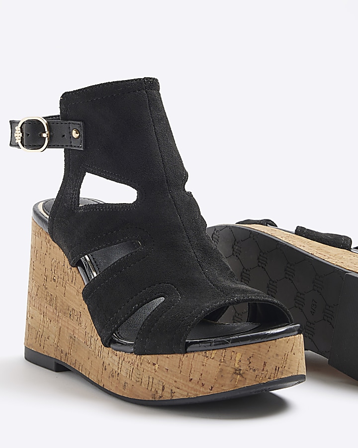 Black suedette cut out wedge sandals River Island