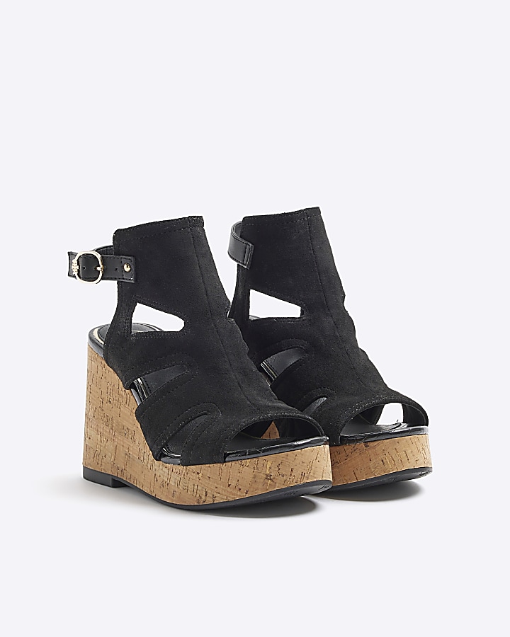 Black suedette cut out wedge sandals River Island