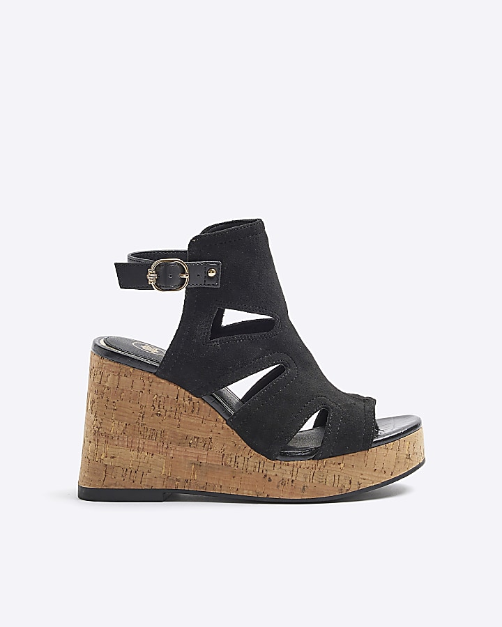 Black suedette cut out wedge sandals