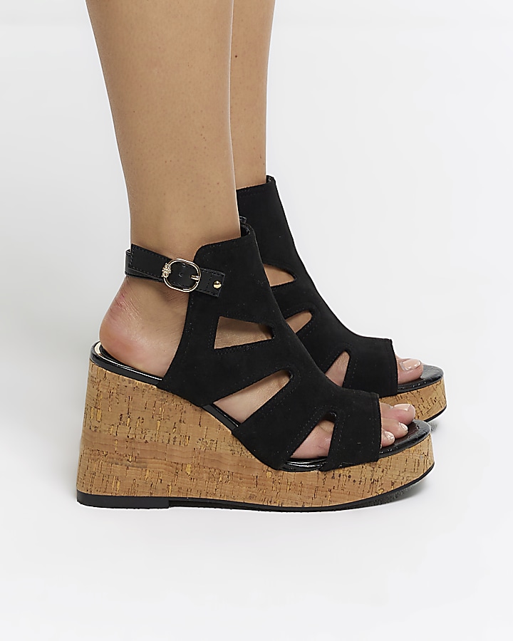 Black suedette cut out wedge sandals River Island