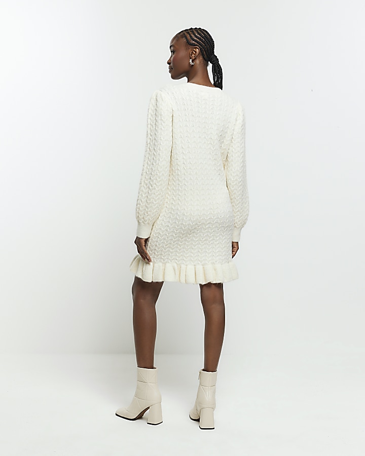 Cream cable knit jumper mini dress River Island