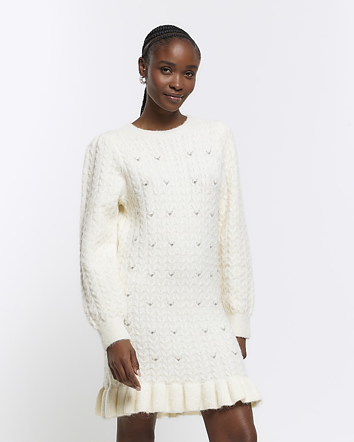 White cable knit store dress