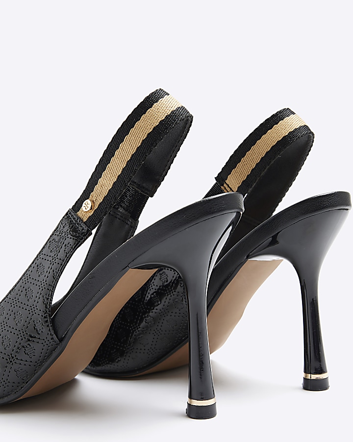 Black embossed monogram heeled court shoes