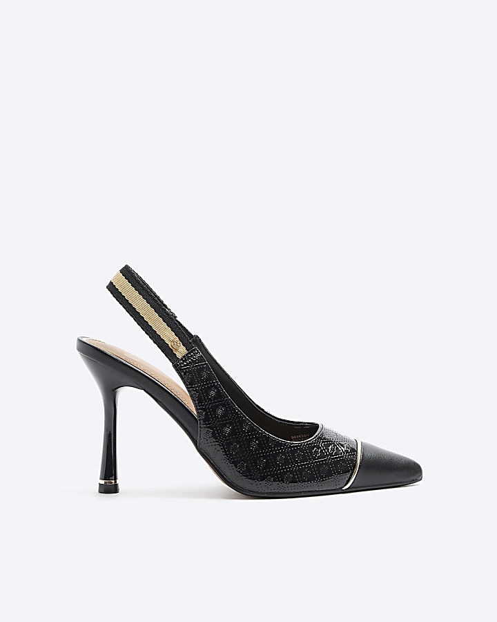 Black embossed monogram heeled court shoes | River Island