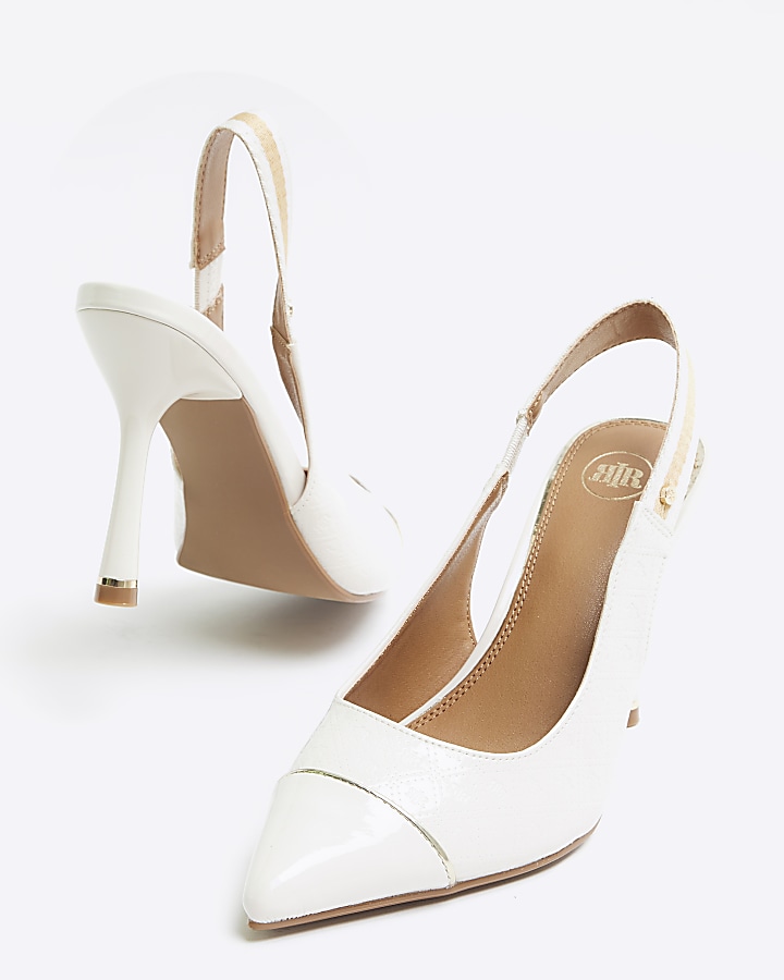 Cream embossed heeled court shoes River Island