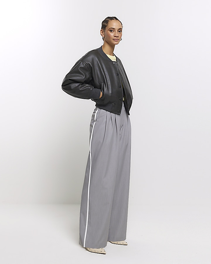 Grey side stripe wide leg trousers