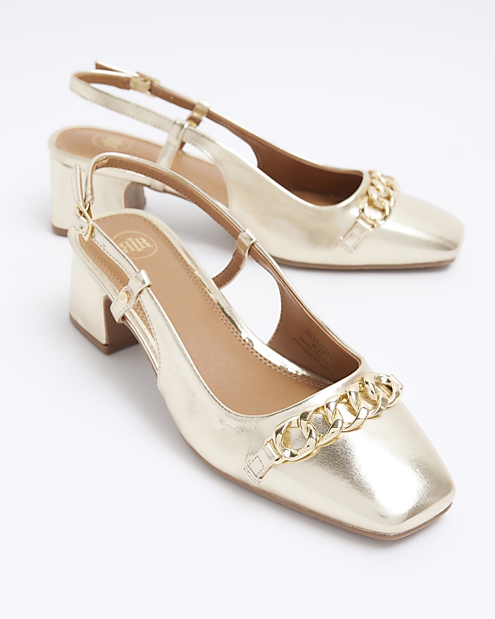 Gold chain sling back heeled court shoes