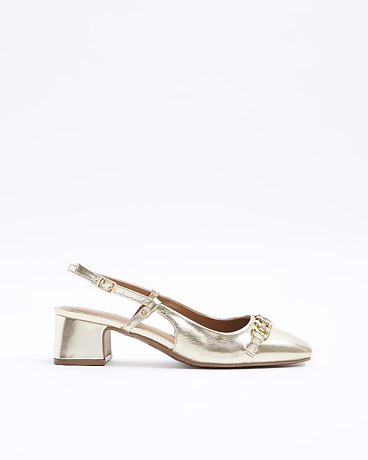 Gold block heel court sales shoes