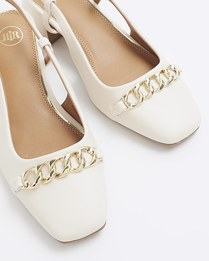 Cream chain sling back heeled court shoes