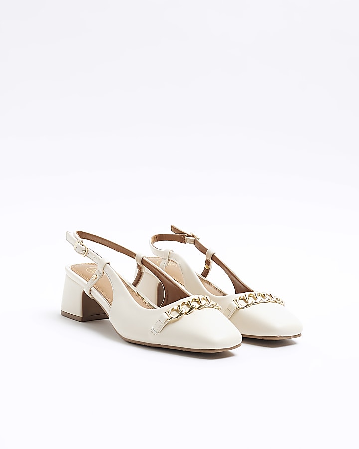 Cream chain sling back heeled court shoes River Island