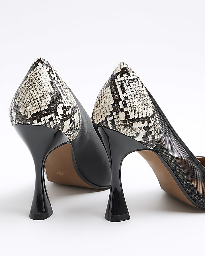 Black mesh panel heeled court shoes | River Island