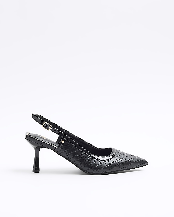 Black weave heeled court shoes