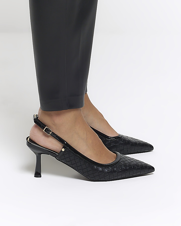 Black weave heeled court shoes