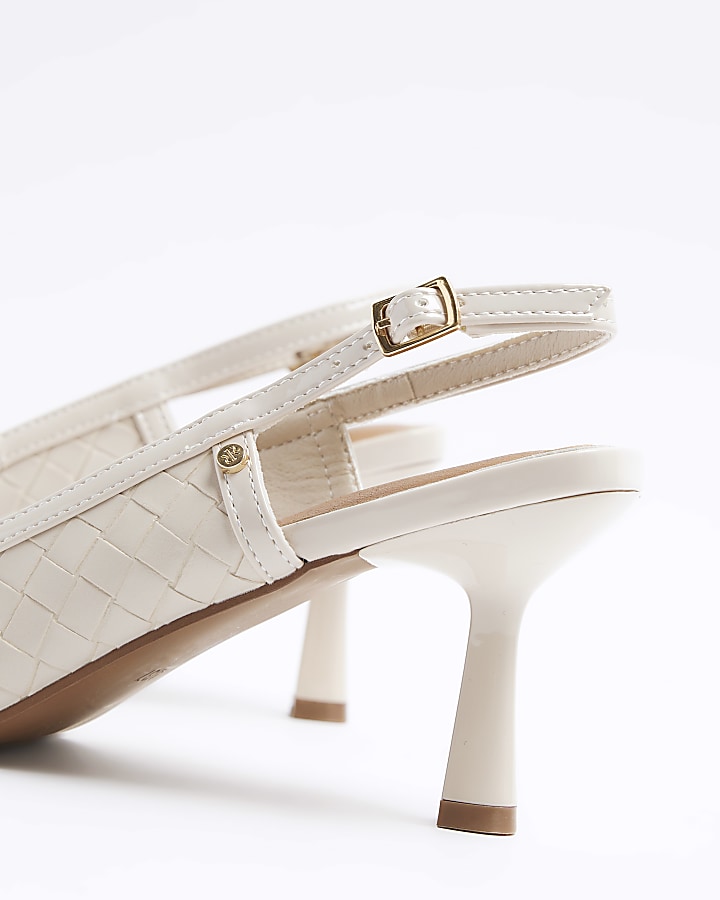 Beige weave heeled court shoes