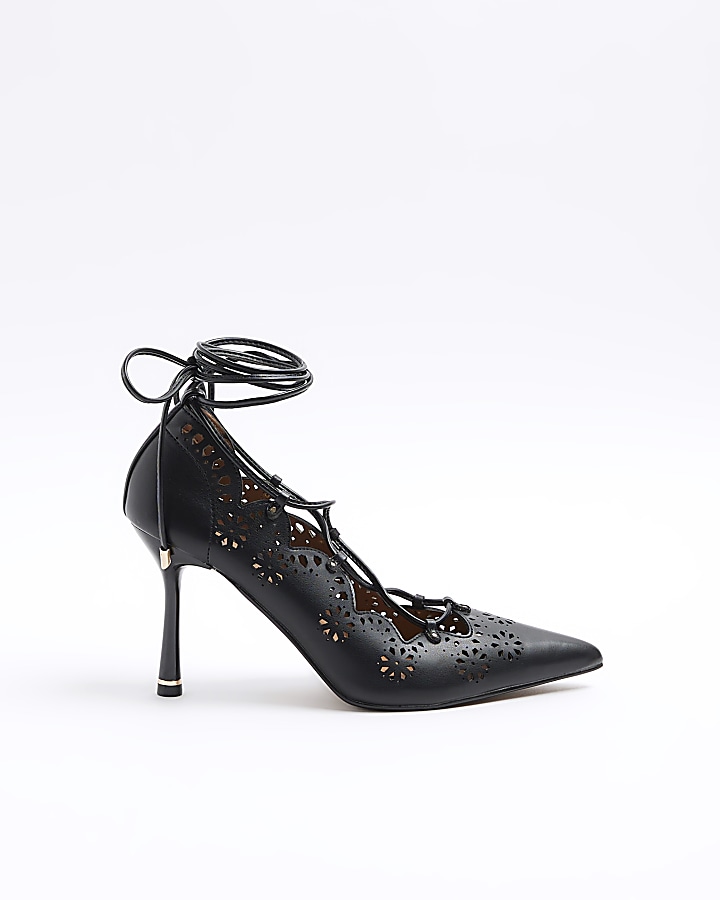 Black cut out lace up heeled court shoes River Island