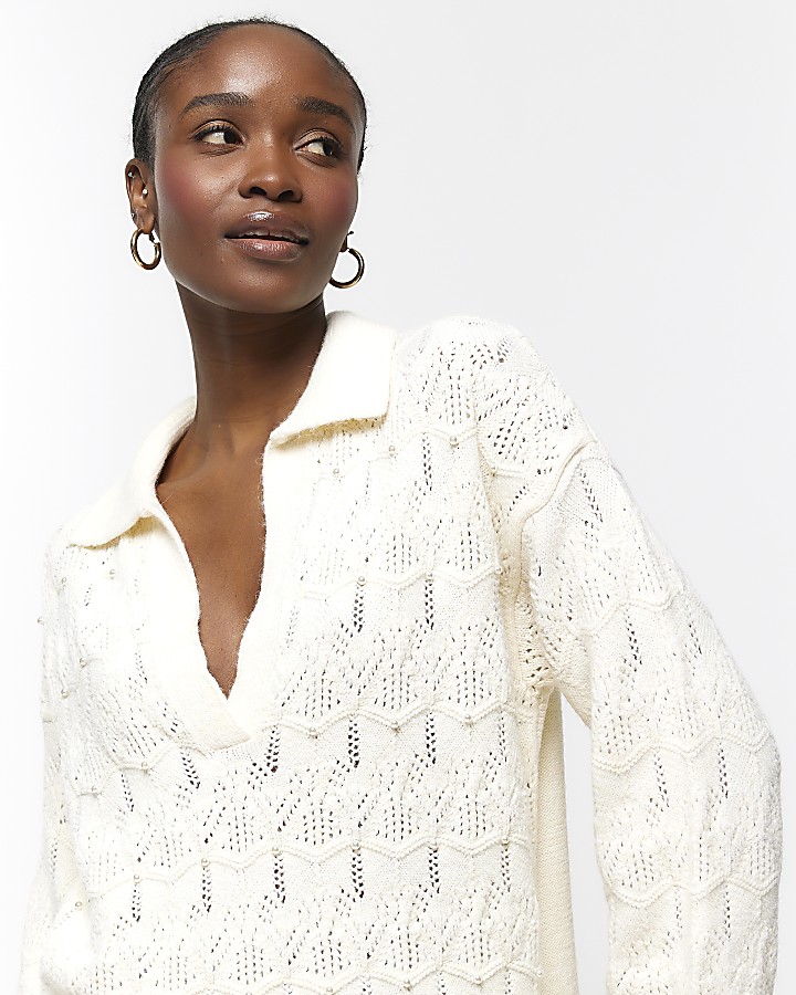 Cream embellished crochet jumper