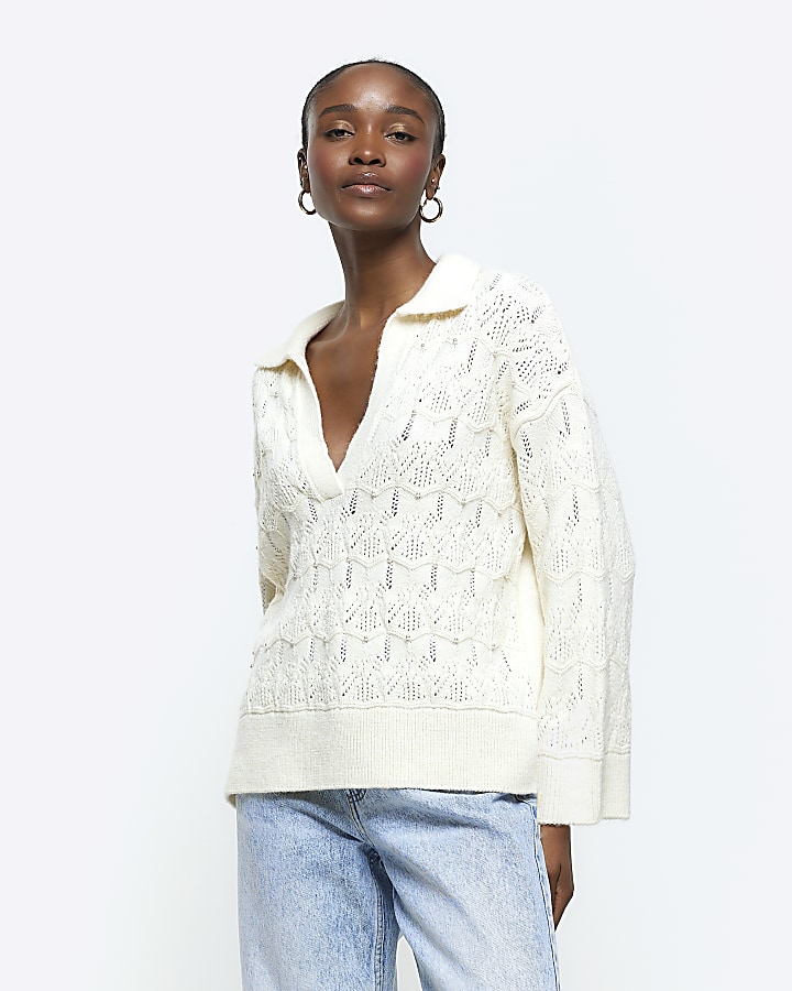 Cream embellished crochet jumper