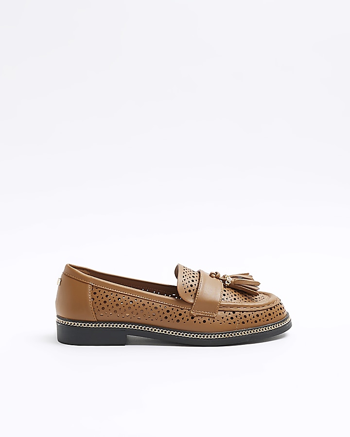 Brown cut out tassel loafers