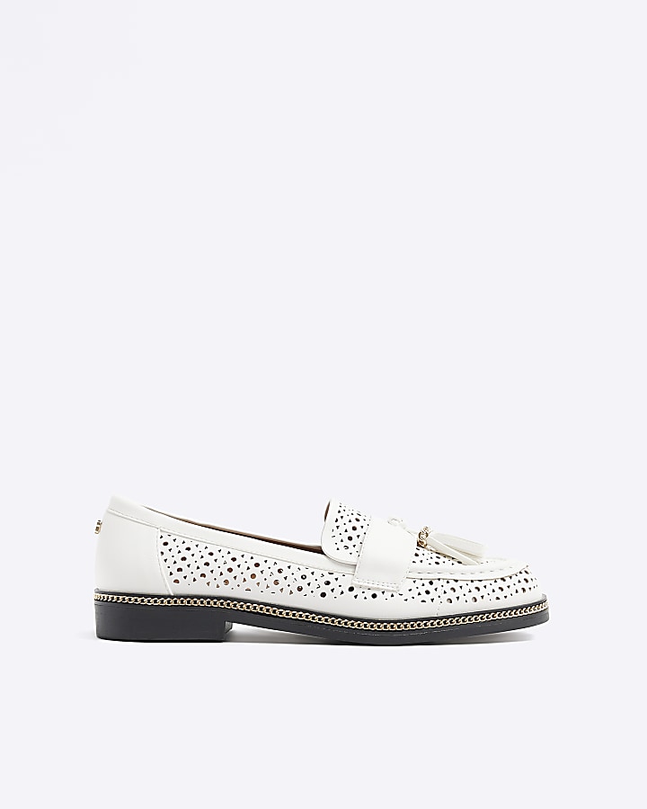 White cut out tassel loafers