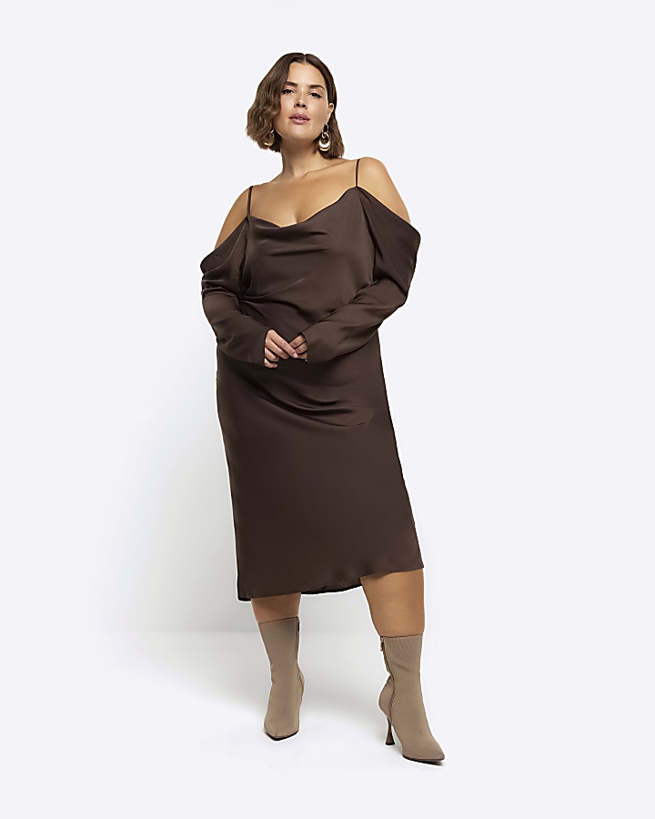 Plus brown cold shoulder slip midi dress