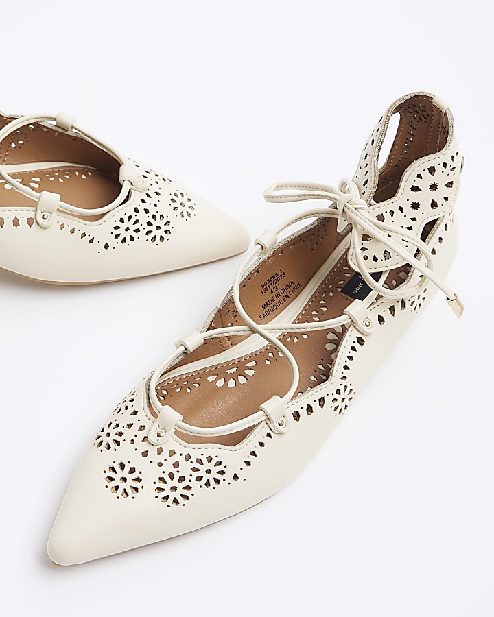 Cream cut out lace up ballet pumps River Island