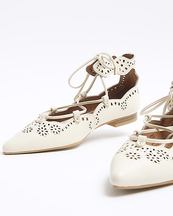 Cream cut out lace up ballet pumps River Island