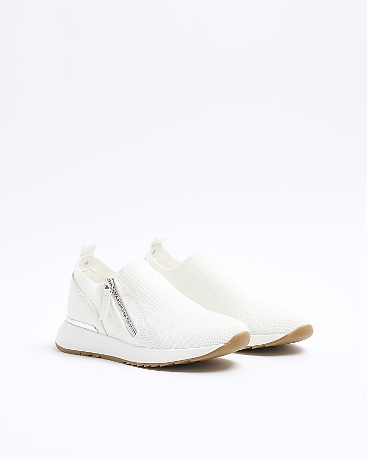 White knit side zip trainers