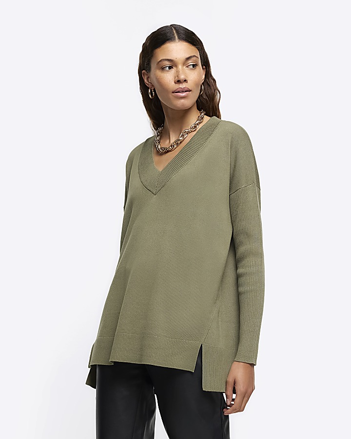 Khaki V neck fine knit jumper