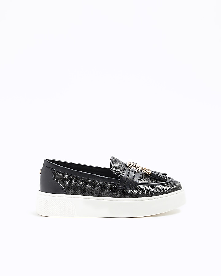 Black raffia slip on loafers