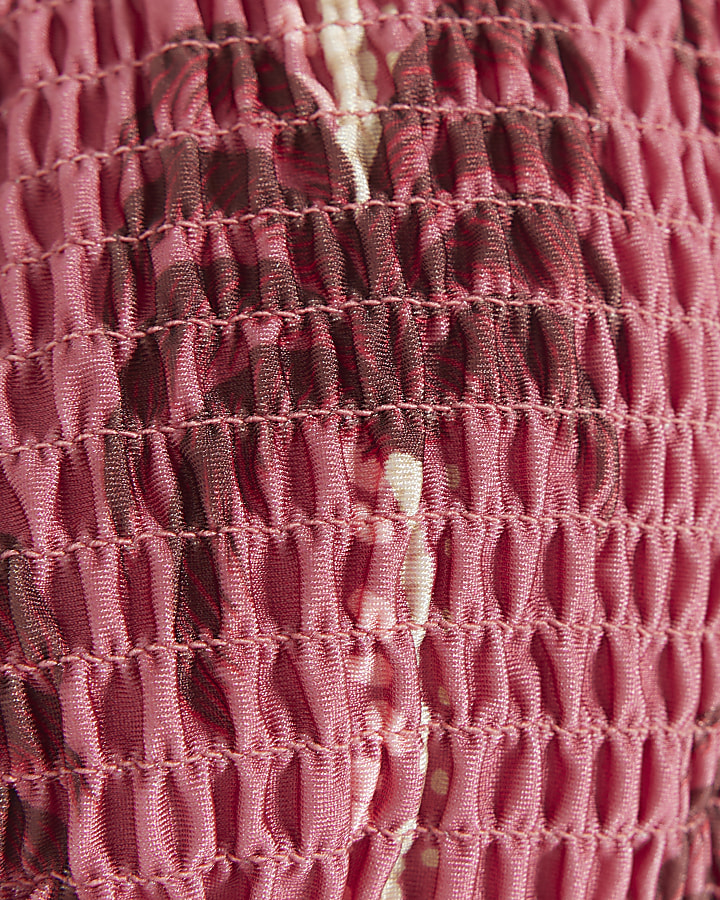 Pink shirred palm tree triangle bikini top