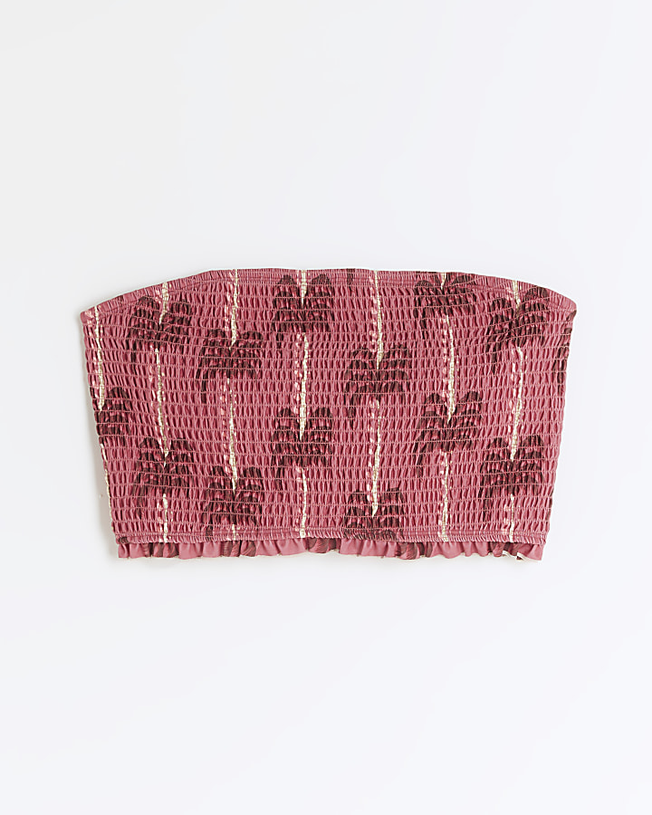 Pink shirred palm tree bandeau bikini top