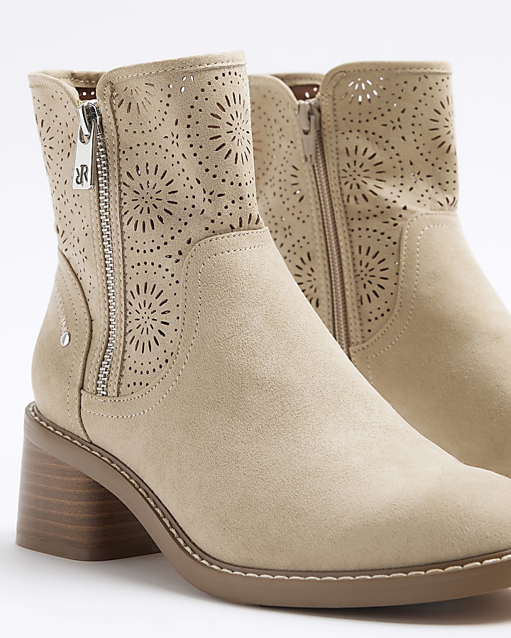Beige cut out heeled ankle boots