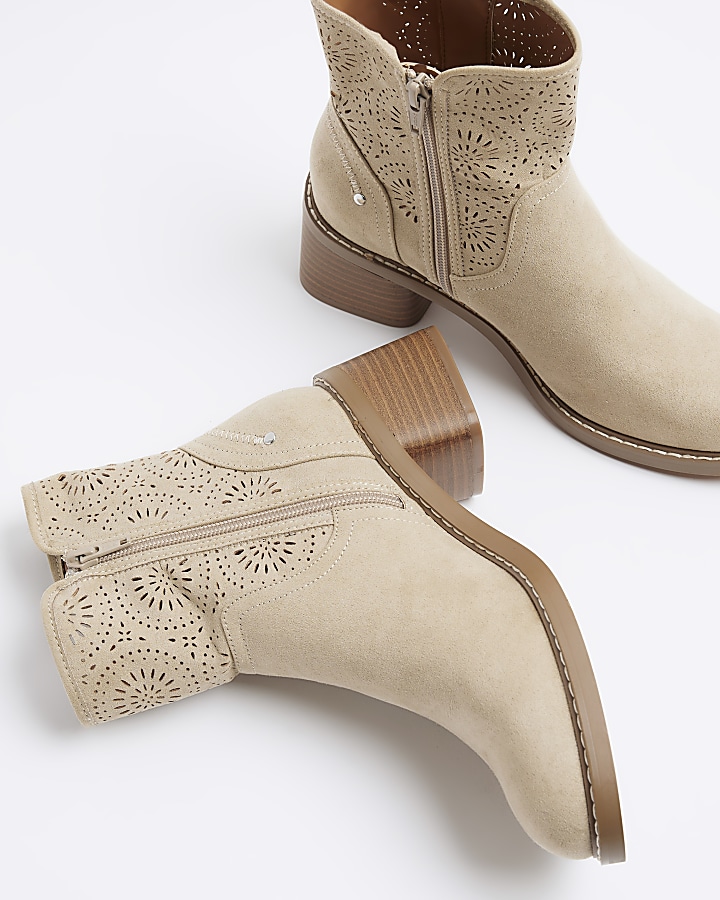 Beige cut out heeled ankle boots
