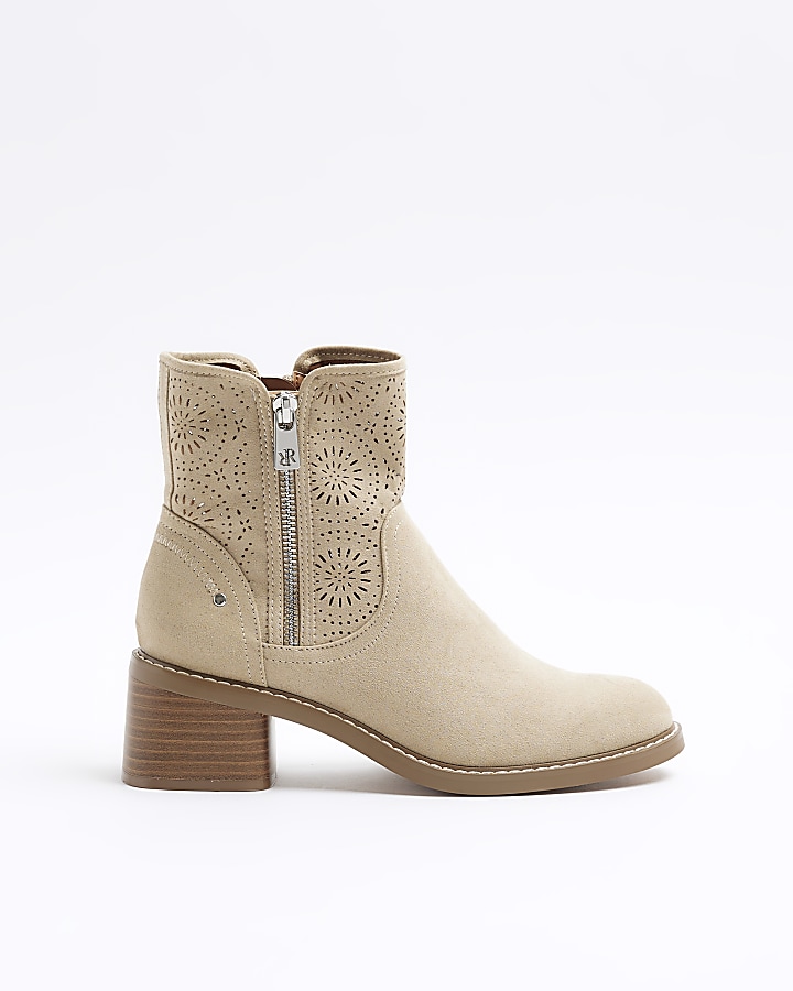 Beige cut out heeled ankle boots