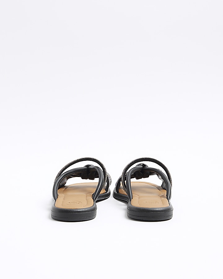 Black diamante bow flat sandals