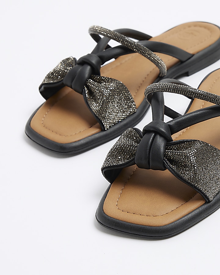 Black diamante bow flat sandals River Island