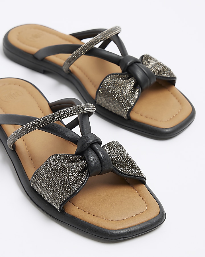 Black diamante bow flat sandals | River Island
