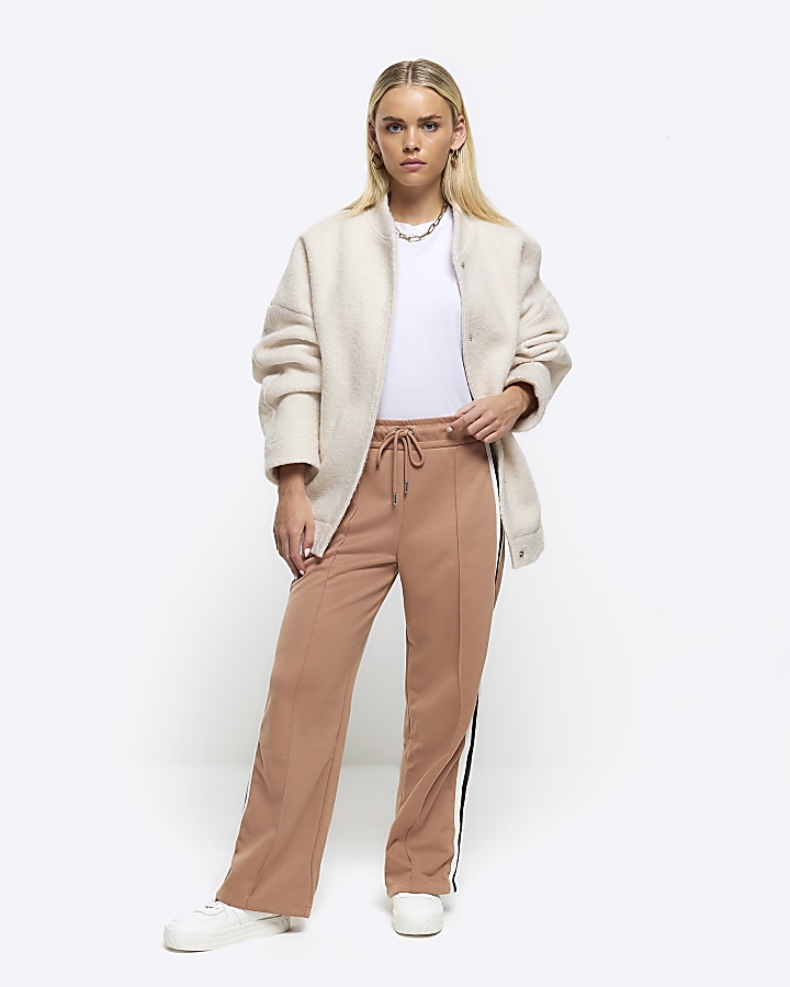 Petite brown side stripe wide leg joggers