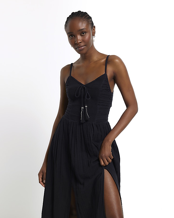 Black shirred top swing maxi dress
