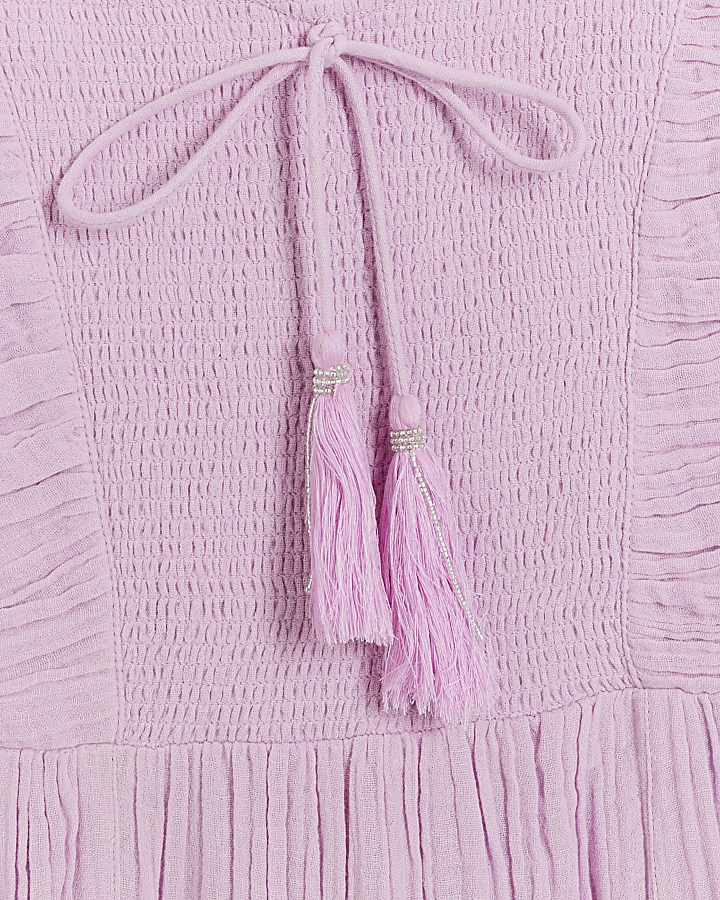 Purple shirred top swing maxi dress