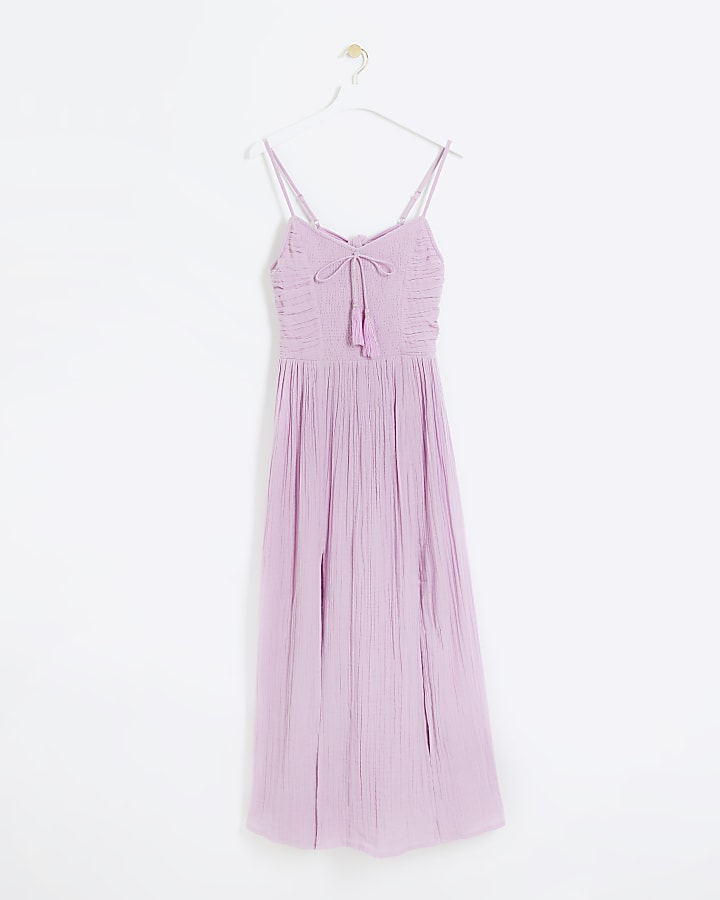 Purple shirred top swing maxi dress