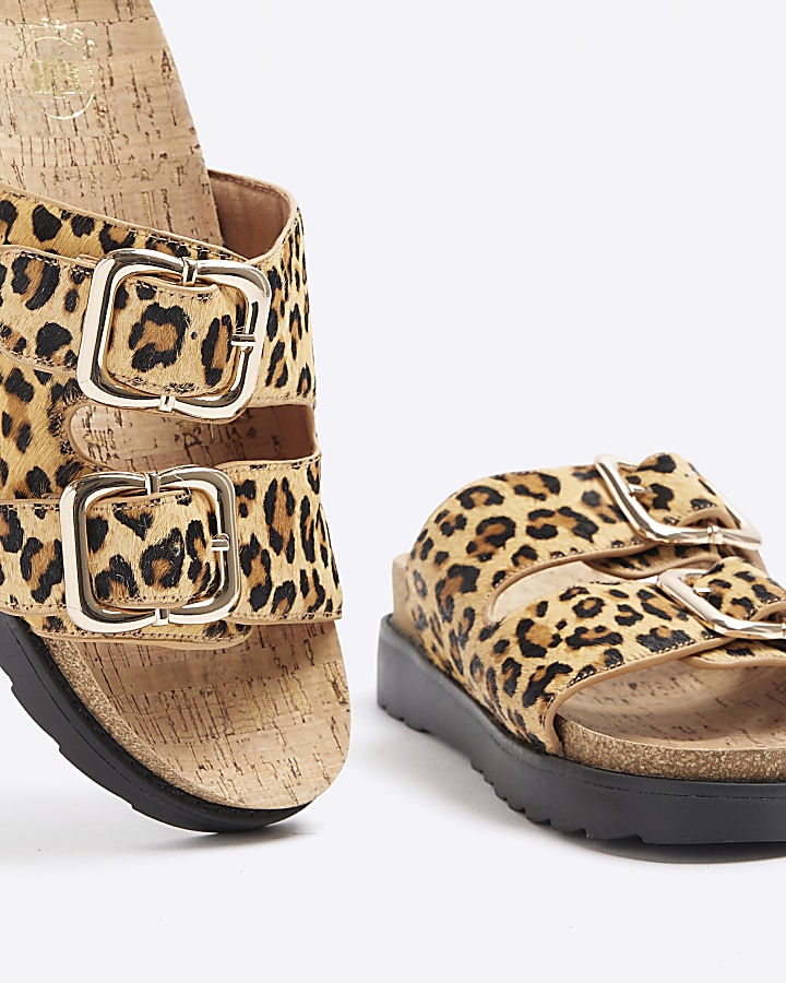 Brown Leather Leopard Print Buckle Sandals