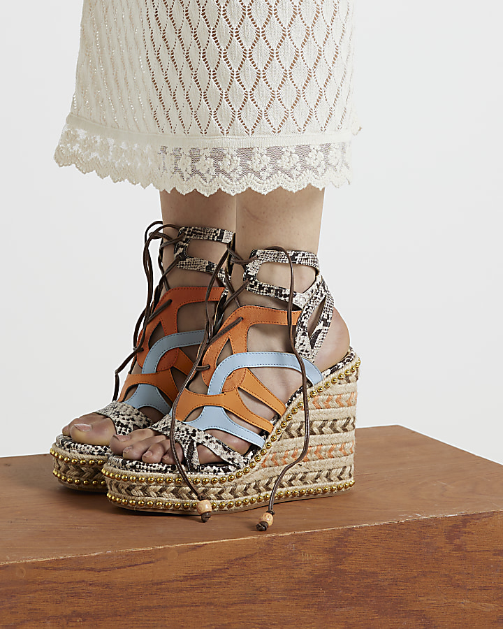 Orange animal print lace up wedge sandals