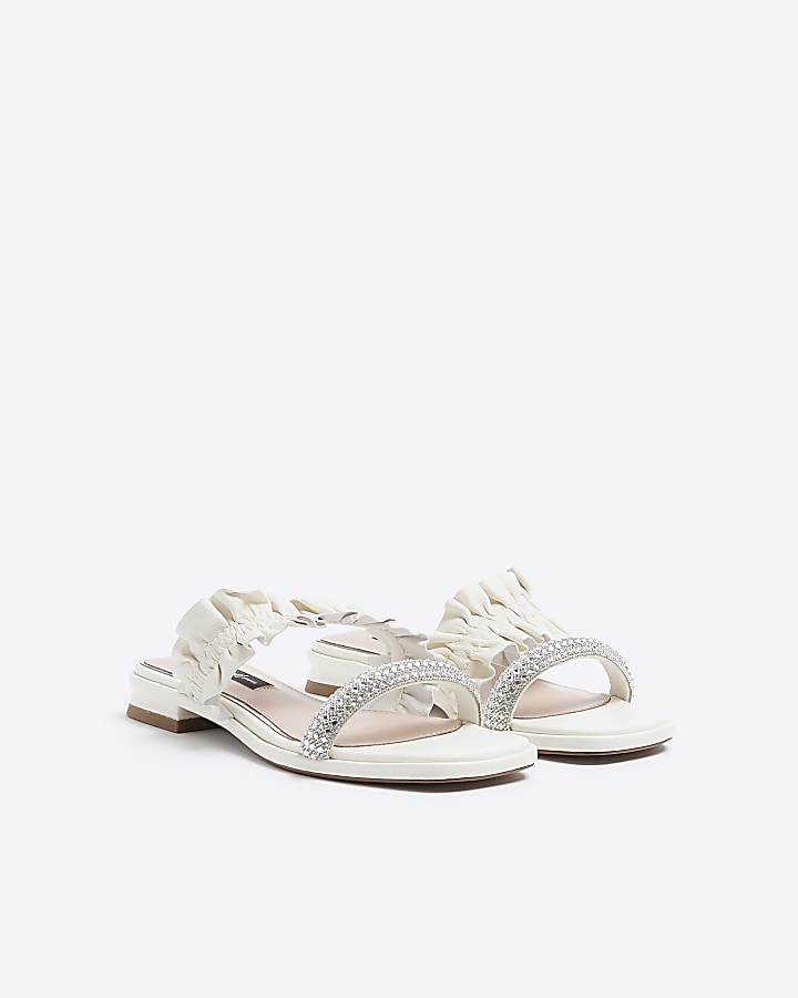 White leather ruffle strap sandals