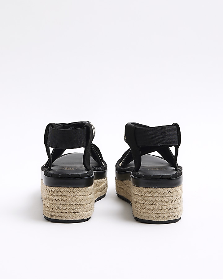 Black crossed strap espadrille sandals