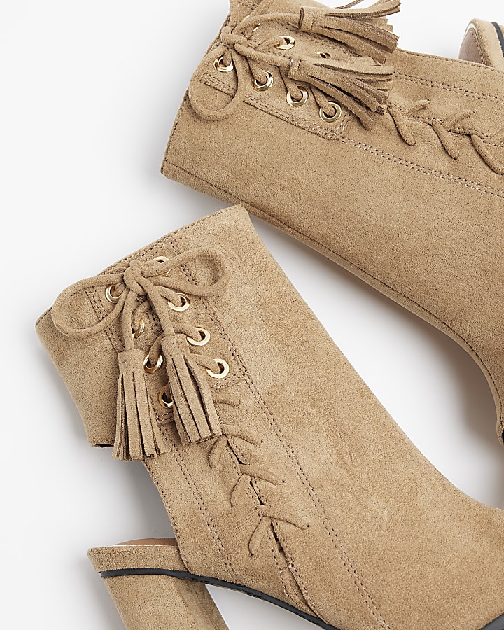 Beige lace up peep toe heeled ankle boots