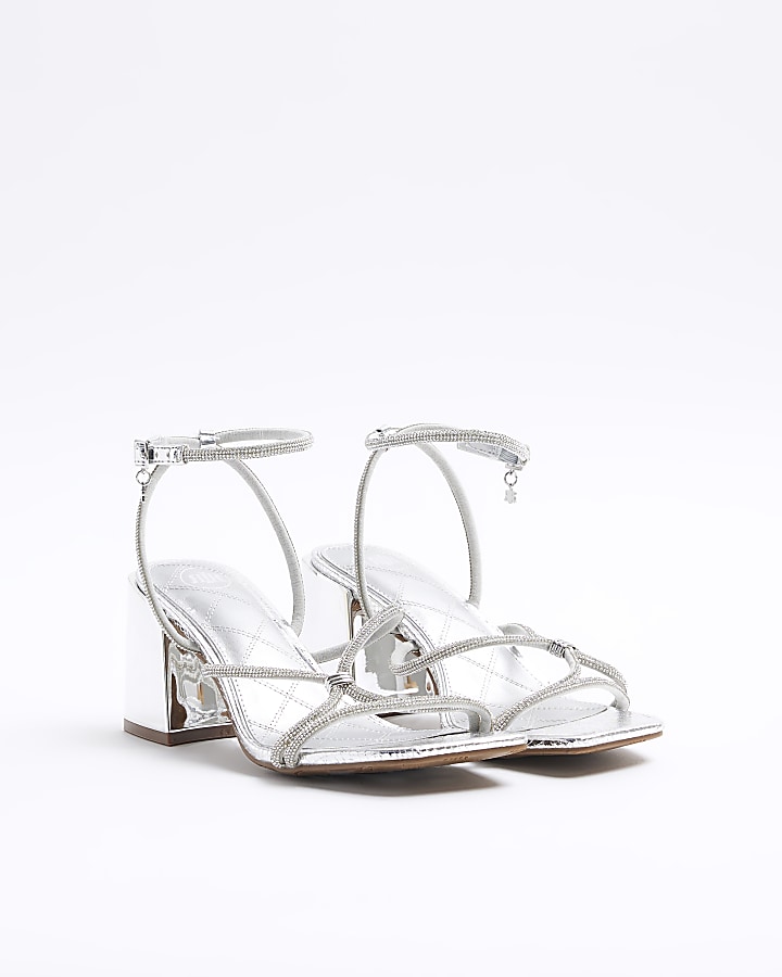 Silver embellished strap heeled sandals