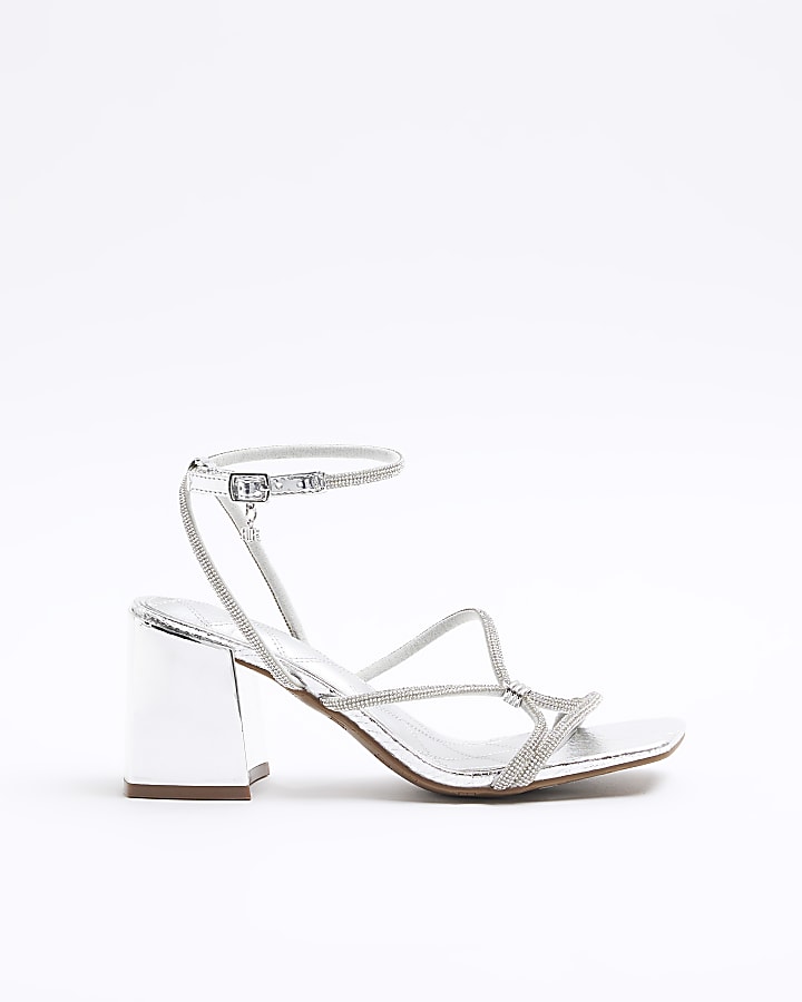 Silver embellished strap heeled sandals